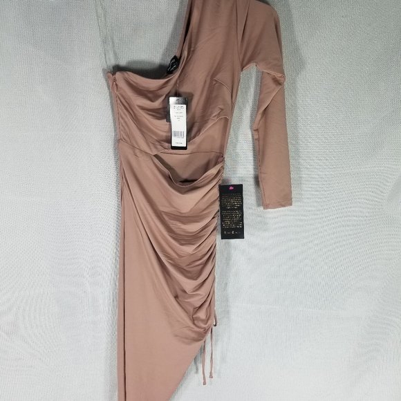 Bebe Warm Taupe Dress One Shoulder Sleeve Ruched Cocktail - XXS XS XL - NWT $149 - Picture 2 of 8